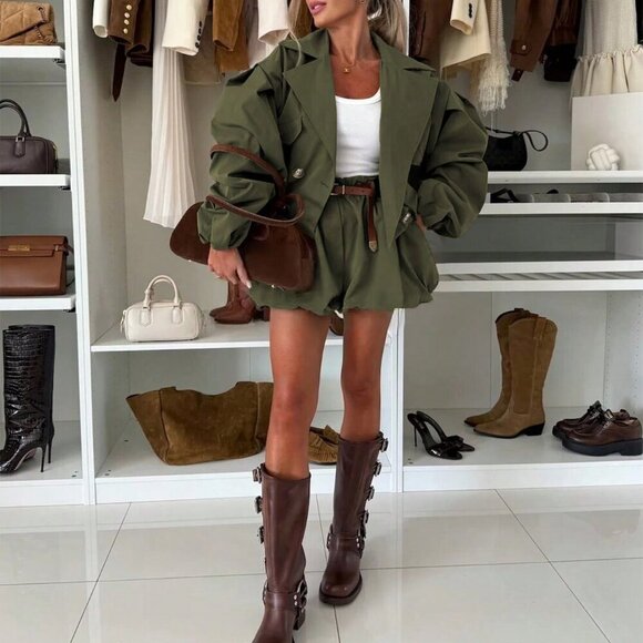 Army Green Casual Women's Jacket & Pants 2 Piece Set